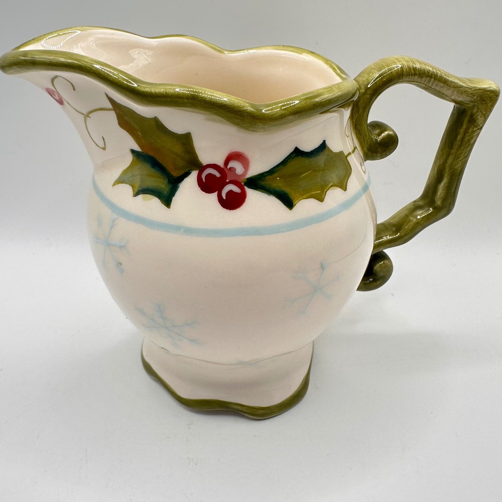 Tracy Porter Hand Painted Ceramic Christmas Holly Berry Snowflake Pitcher Cream